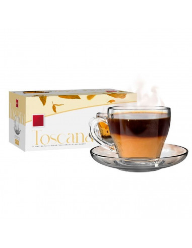Tradineur - Caja de 6 Tazas con platos Transparentes - Fabricado en Vidrio - Capacidad de 23 cl - Apto para lavavajillas - Ideal