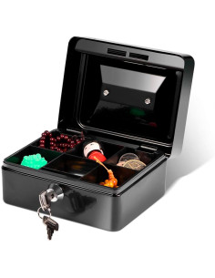 Tradineur - Caja de Caudales Metalica con Llaves - Asa y bandeja con compartimentos para dinero, monedas y billetes - 9 x 20 x 1