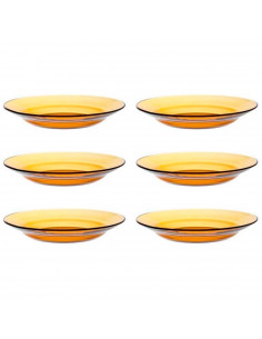 Tradineur - Pack de 6 platos hondos de vidrio, modelo Lys, resistentes, vajilla de cocina, aptos para lavavajillas (Ámbar - Ø 23