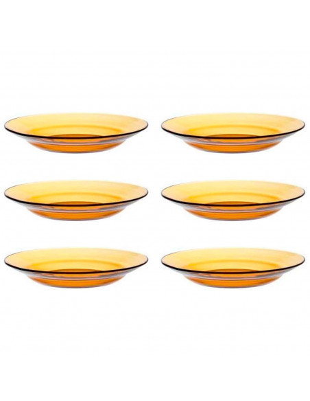 Tradineur - Pack de 6 platos hondos de vidrio, modelo Lys, resistentes, vajilla de cocina, aptos para lavavajillas (Ámbar - Ø 23