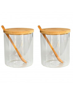 Tradineur - Pack de 2 tarros de vidrio borosilicato con cuchara y tapa de bambú, bote, frasco, recipiente para guardar azúcar, s