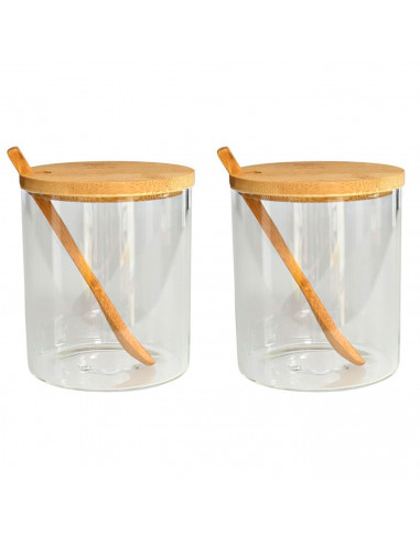 Tradineur - Pack de 2 tarros de vidrio borosilicato con cuchara y tapa de bambú, bote, frasco, recipiente para guardar azúcar, s