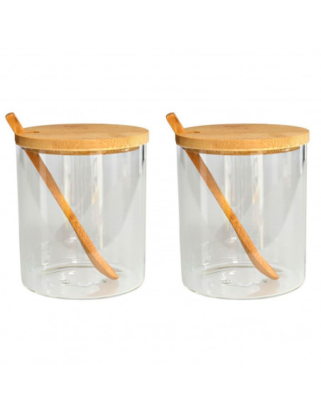 Tradineur - Pack de 2 tarros de vidrio borosilicato con cuchara y tapa de bambú, bote, frasco, recipiente para guardar azúcar, s