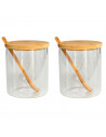 Tradineur - Pack de 2 tarros de vidrio borosilicato con cuchara y tapa de bambú, bote, frasco, recipiente para guardar azúcar, s