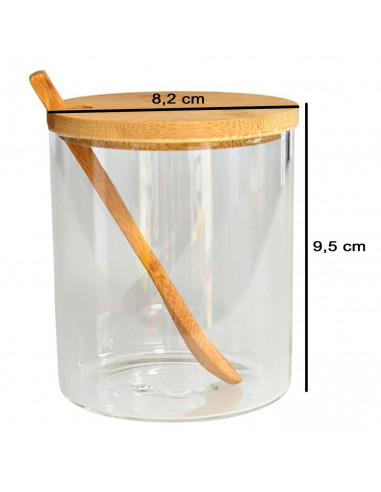 Tradineur - Pack de 2 tarros de vidrio borosilicato con cuchara y tapa de bambú, bote, frasco, recipiente para guardar azúcar, s