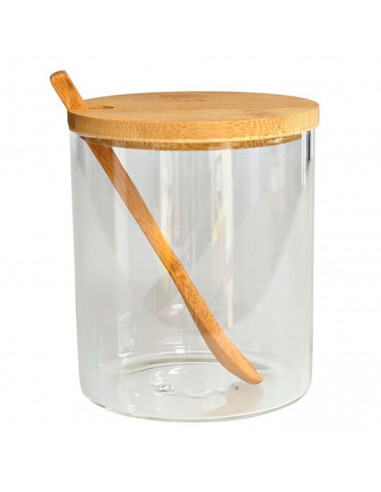 Tradineur - Pack de 2 tarros de vidrio borosilicato con cuchara y tapa de bambú, bote, frasco, recipiente para guardar azúcar, s