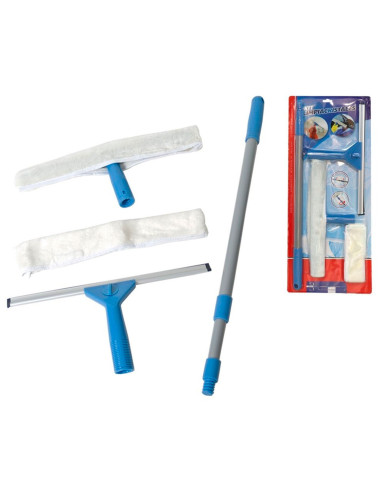 Tradineur - Kit de limpiacristales con mango telescópico, 2 cabezales, escobilla de goma y almohadilla de poliéster, plástico y