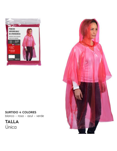 Tradineur - Pack de 4 chubasqueros impermeables de emergencia con capucha, reutilizables, ponchos para lluvia, poliéster (Mujer
