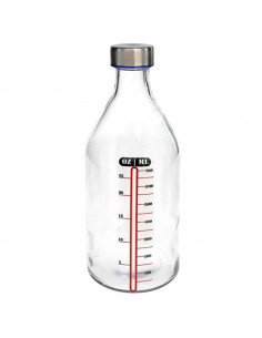 Tradineur - Botella medidora de vidrio con tapón de acero, línea de medida y cierre de rosca, agua, leche, batidos, zumos, licua