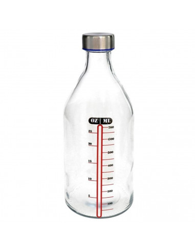 Tradineur - Botella medidora de vidrio con tapón de acero, línea de medida y cierre de rosca, agua, leche, batidos, zumos, licua