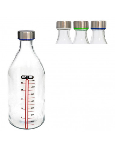 Tradineur - Botella medidora de vidrio con tapón de acero, línea de medida y cierre de rosca, agua, leche, batidos, zumos, licua