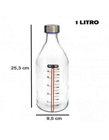 Tradineur - Botella medidora de vidrio con tapón de acero, línea de medida y cierre de rosca, agua, leche, batidos, zumos, licua