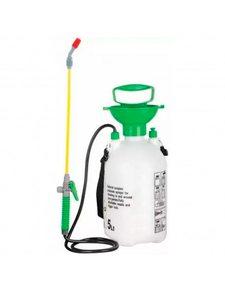 Tradineur - Botella Pulverizador a presión con correa ajustable - Capacidad de 5 Litros - Botella graduada y lanza con boquilla