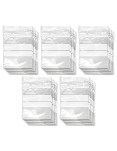 Tradineur - Paquete de 10 Pack de 50 Bolsas herméticas con franjas para Escribir - Aptas para Alimentación y Reutilizables - 500