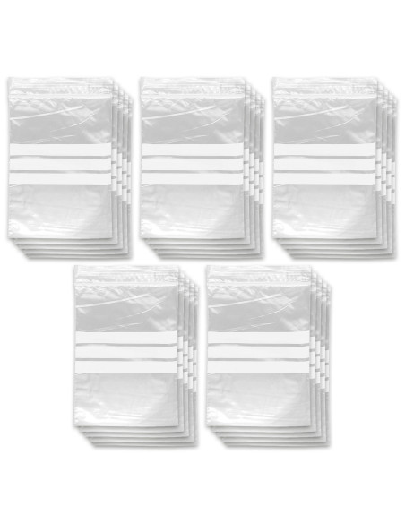 Tradineur - Paquete de 10 Pack de 50 Bolsas herméticas con franjas para Escribir - Aptas para Alimentación y Reutilizables - 500