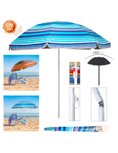 Tradineur - Sombrilla de playa UV 25+ - Fabricado en Poliéster - Ideal para ir a la playa y protegerse del sol - Ø 180 cm - Colo