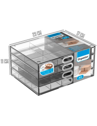 Tradineur - Mini cajonera transparente A5 con 4 cajones y divisiones - Fabricado en plástico - Organizador de cosméticos, acceso