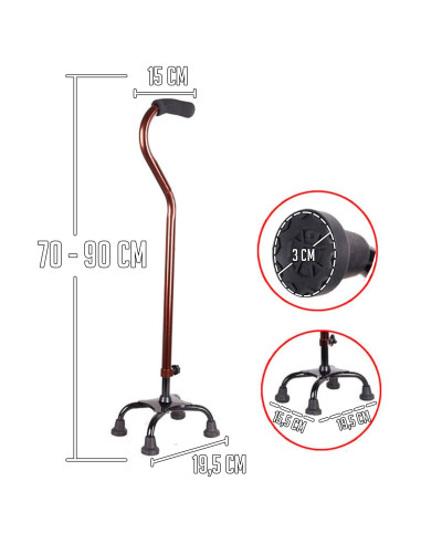 Tradineur - Bastón de cuatro patas para Hombres y Mujeres - Fabricado en Metal - Bastón Ajustable con Base de 4 Patas - 70-90 cm