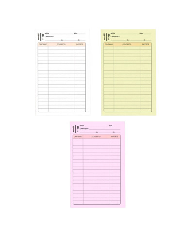Tradineur - Pack de 6 talonarios comandas camarero, 75 hojas, 25 juegos original + 2 copias, autocopiativas, matriz de corte y t