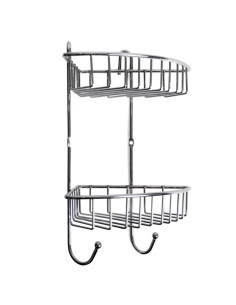 Tradineur - Estantería rinconera de baño, metal cromado, 2 niveles y ganchos, organizador de productos de aseo, higiene, pared,