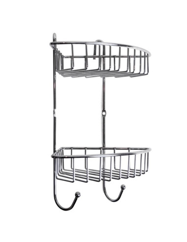Tradineur - Estantería rinconera de baño, metal cromado, 2 niveles y ganchos, organizador de productos de aseo, higiene, pared,