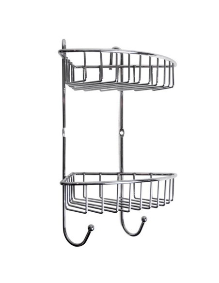 Tradineur - Estantería rinconera de baño, metal cromado, 2 niveles y ganchos, organizador de productos de aseo, higiene, pared,