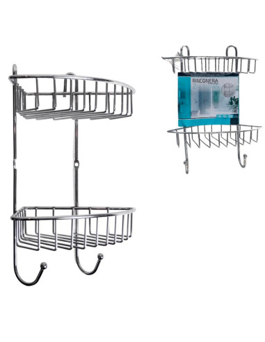 Tradineur - Estantería rinconera de baño, metal cromado, 2 niveles y ganchos, organizador de productos de aseo, higiene, pared,