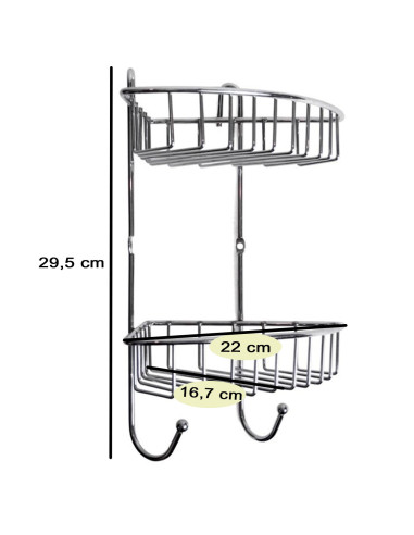Tradineur - Estantería rinconera de baño, metal cromado, 2 niveles y ganchos, organizador de productos de aseo, higiene, pared,