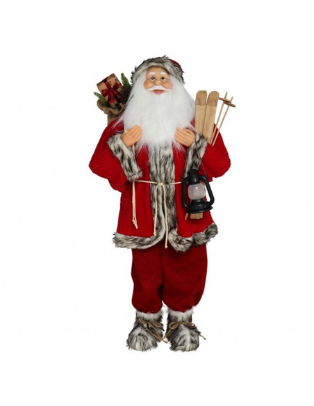 Tradineur - Figura de Papá Noel con esquís, poliéster y plástico, Santa Claus de pie, decoración festiva, adornos Navidad, escap