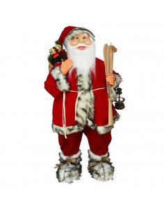 Tradineur - Figura de Papá Noel con esquís, poliéster y plástico, Santa Claus de pie, decoración festiva, adornos Navidad, escap