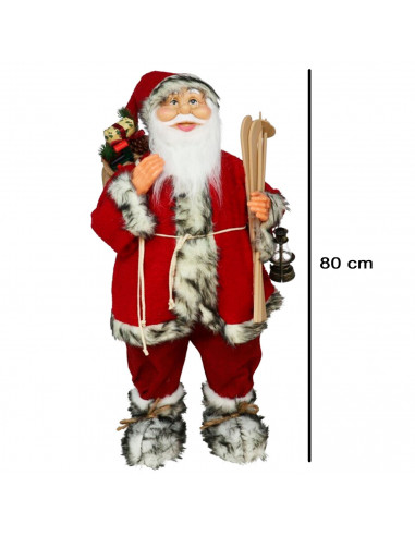 Tradineur - Figura de Papá Noel con esquís, poliéster y plástico, Santa Claus de pie, decoración festiva, adornos Navidad, escap