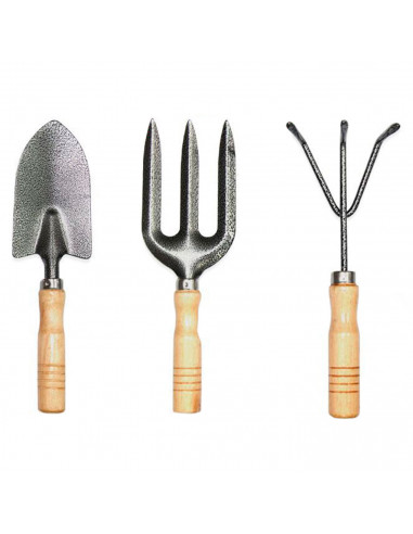 Tradineur - Set de 3 mini herramientas de jardín con mango de madera, quitar malas hierbas, huerto, cultivos, jardinería, fácil