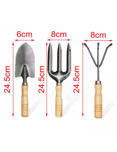Tradineur - Set de 3 mini herramientas de jardín con mango de madera, quitar malas hierbas, huerto, cultivos, jardinería, fácil