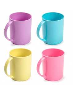 Tradineur - Pack de 4 Tazas Mug - Fabricado en Plástico - Capacidad 350 ml - Apto para microondas y congelador - 11 x 9,7 x 8 cm