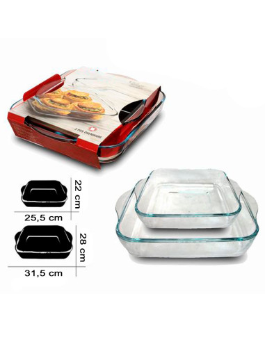 Tradineur - Set de 2 bandejas cuadradas para horno, vidrio borosilicato, molde, fuente transparente, lasaña, aptas para microond