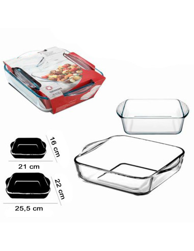 Tradineur - Set de 2 bandejas cuadradas para horno, vidrio borosilicato, fuente, molde transparente, lasaña, aptas para microond