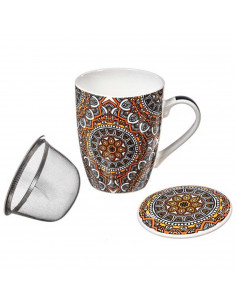 Tradineur - Taza para té, infusiones, incluye filtro y tapa, cerámica y acero inoxidable, mantiene caliente la infusión, regalo