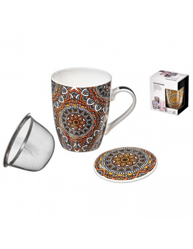 Tradineur - Taza para té, infusiones, incluye filtro y tapa, cerámica y acero inoxidable, mantiene caliente la infusión, regalo