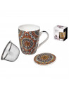 Tradineur - Taza para té, infusiones, incluye filtro y tapa, cerámica y acero inoxidable, mantiene caliente la infusión, regalo