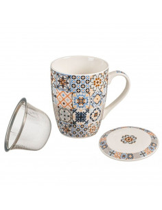 Tradineur - Taza para té, infusiones, incluye filtro y tapa, cerámica y acero inoxidable, mantiene caliente la infusión, regalo