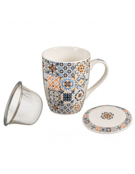Tradineur - Taza para té, infusiones, incluye filtro y tapa, cerámica y acero inoxidable, mantiene caliente la infusión, regalo