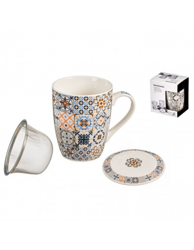 Tradineur - Taza para té, infusiones, incluye filtro y tapa, cerámica y acero inoxidable, mantiene caliente la infusión, regalo