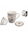 Tradineur - Taza para té, infusiones, incluye filtro y tapa, cerámica y acero inoxidable, mantiene caliente la infusión, regalo