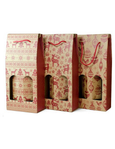 Tradineur - Pack de 3 Cajas plegables de cartón con ventanas para 2 botellas de vino - Incluyen cuerda como asa - Diseños navide