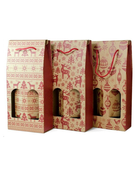 Tradineur - Pack de 3 Cajas plegables de cartón con ventanas para 2 botellas de vino - Incluyen cuerda como asa - Diseños navide