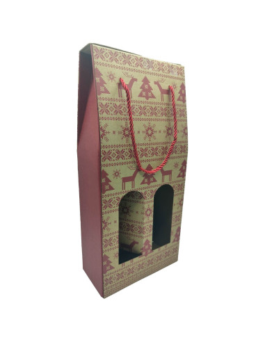 Tradineur - Pack de 3 Cajas plegables de cartón con ventanas para 2 botellas de vino - Incluyen cuerda como asa - Diseños navide