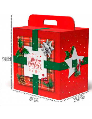 Tradineur - Caja de Cartón Navideño con Asas - Frase Merry Christmas - Ideal para regalos navideños - 34 x 28 x 20,5 cm - Color