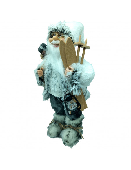 Tradineur - Figura de Papá Noel con esquís, poliéster y plástico, Santa Claus de pie, decoración festiva, adornos Navidad, escap