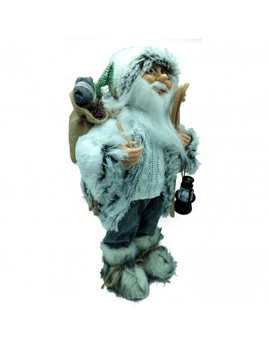 Tradineur - Figura de Papá Noel con esquís, poliéster y plástico, Santa Claus de pie, decoración festiva, adornos Navidad, escap