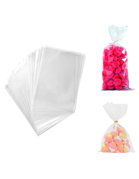 Tradineur - 6 paquetes de 18 bolsas transparentes de plástico para caramelos, envolver galletas, chuches, fiestas, cumpleaños, r